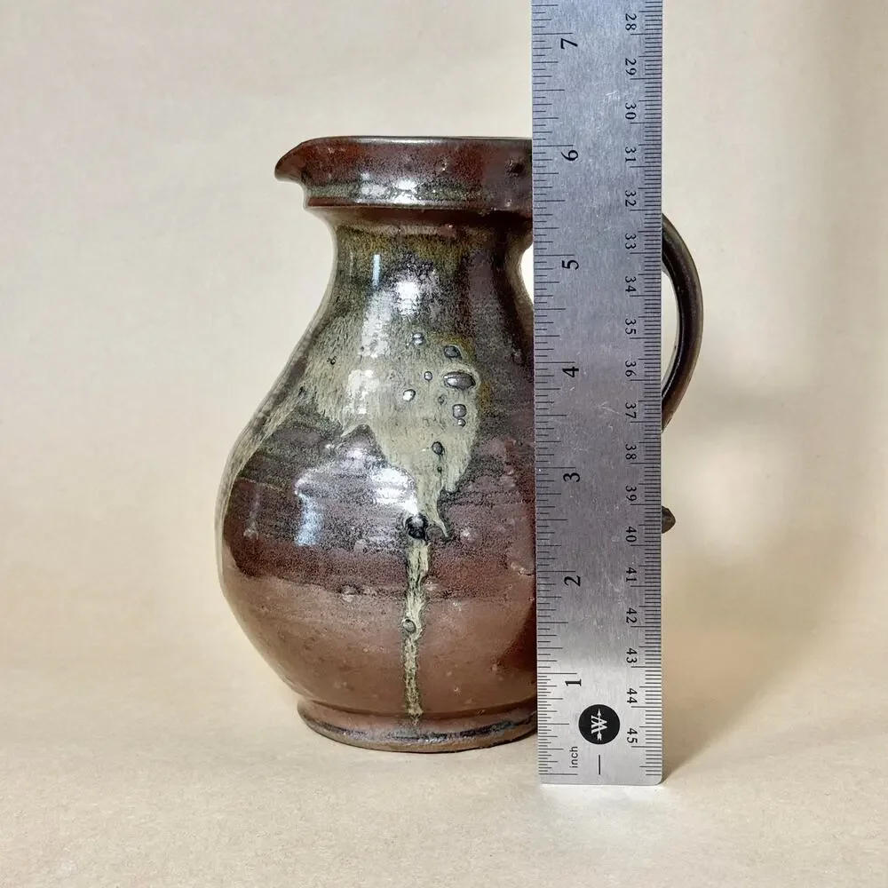 Vintage Japanese Onta Ware Handled Pottery Vase Brown Green Rustic Decor 6 in